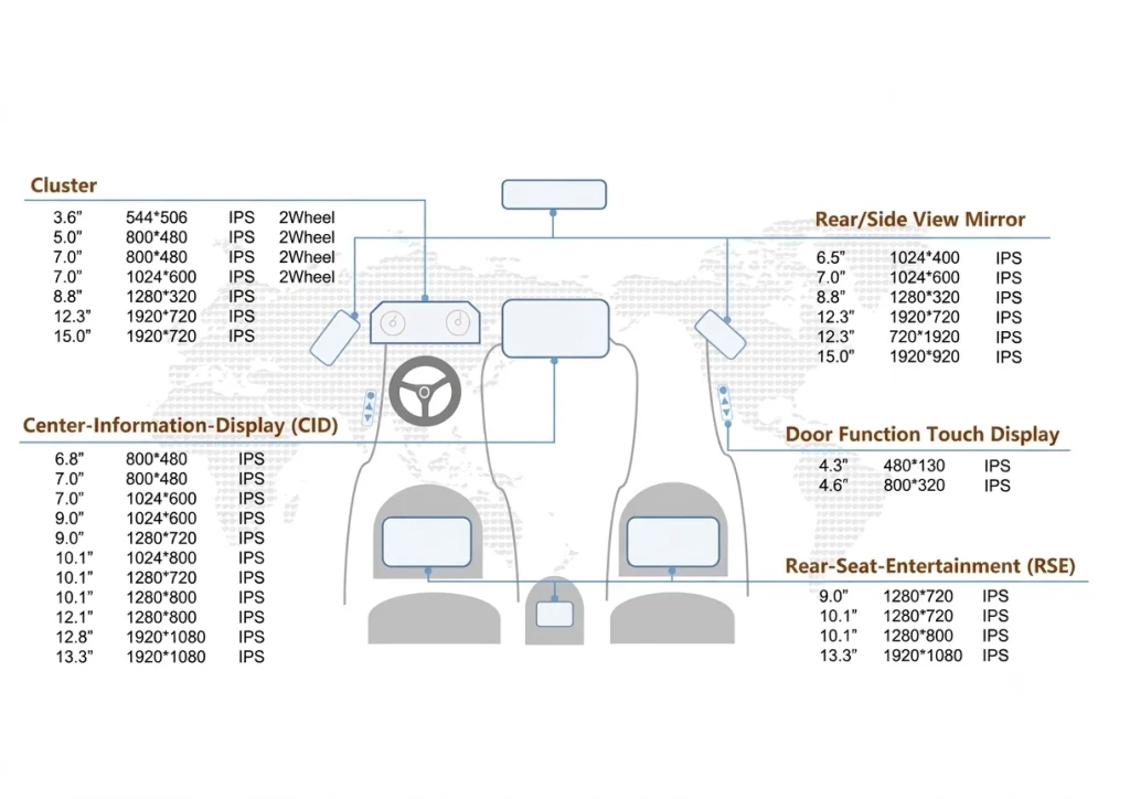 Automotive TFT LCD display solutions architecture for smart vehicles with cluster, CID, mirror, and rear-seat display applications
