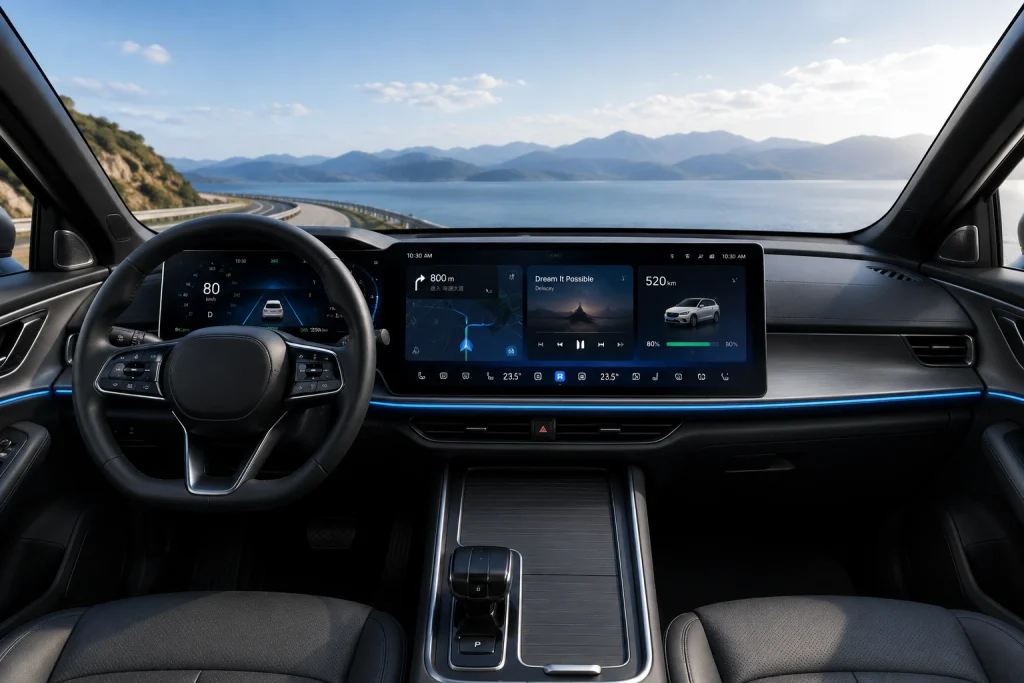EV cockpit display solution with integrated automotive TFT LCD screen for smart vehicle applications