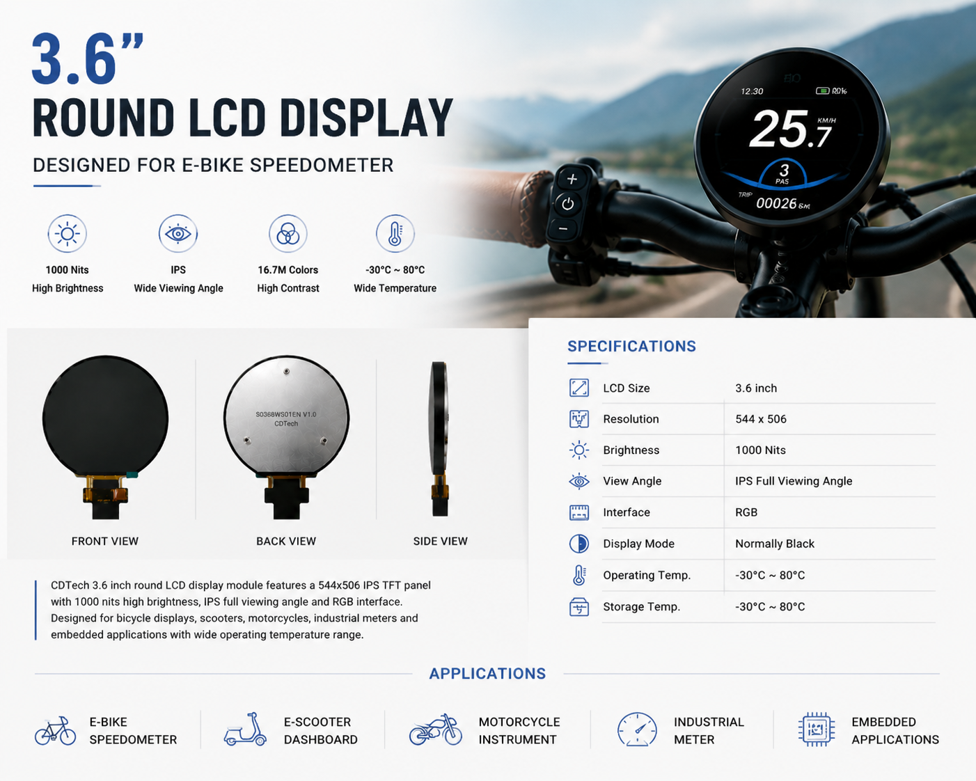 3.6 Inch Round LCD Display Module, IPS 544x506 Resolution, 1000 Nits Brightness