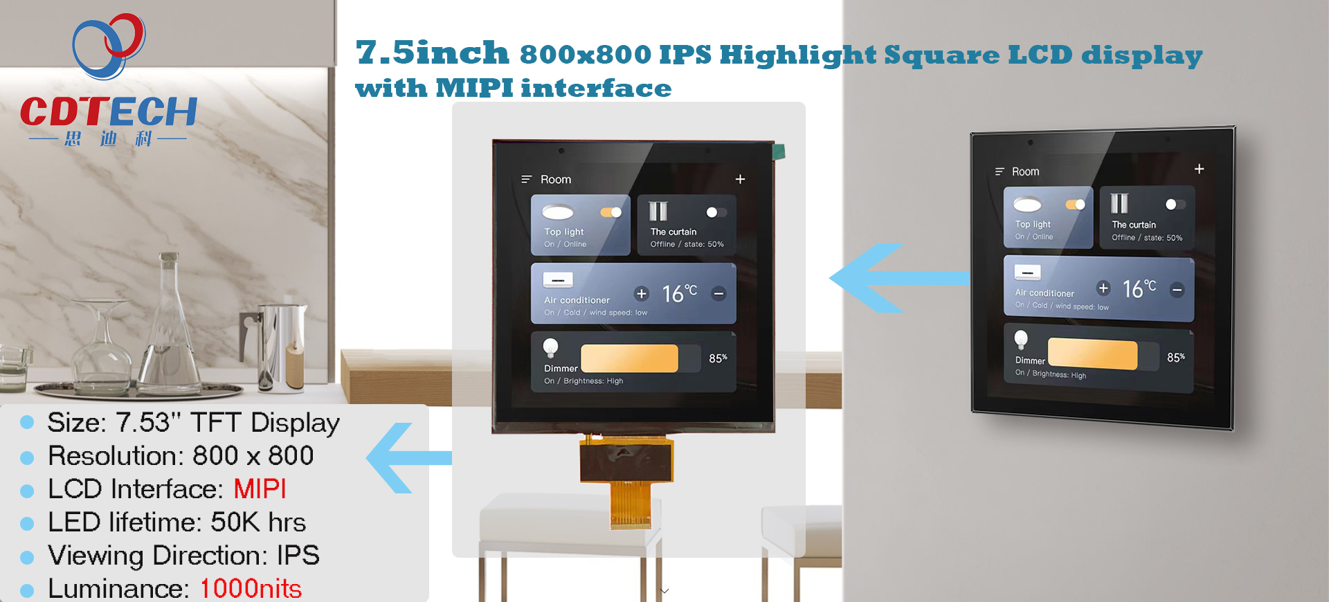 7.5inch 800x800 IPS Highlight Square LCD display With MlPlinterface