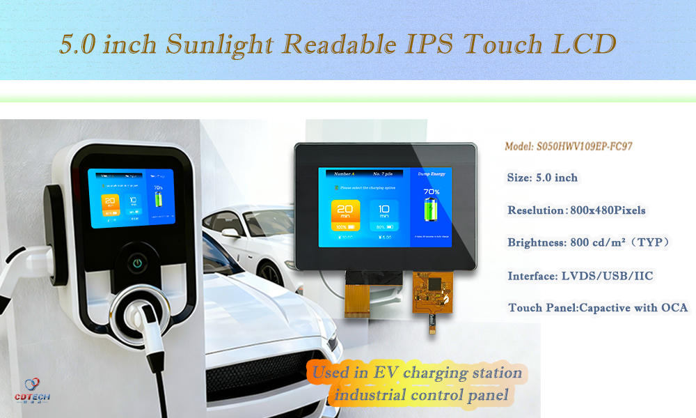 5 inch sunlight readable IPS touch display used in EV charging stations and industrial control panels