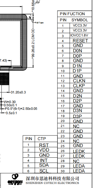 7 inch MIPI DSI 30 pin pinout definition for CDTech display