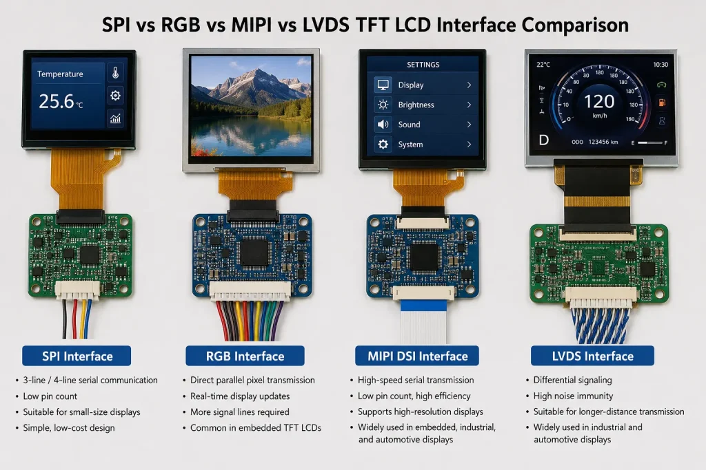 SPI RGB MIPI LVDS TFT LCD interface comparison.