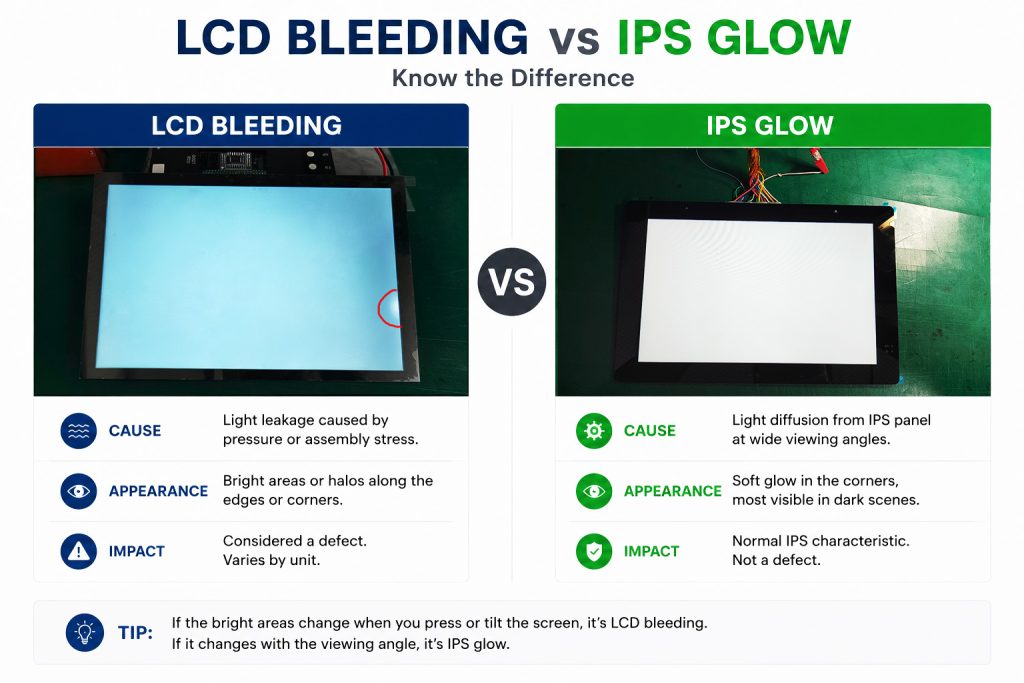 Comparison chart explaining the differences between LCD screen bleeding and IPS glow