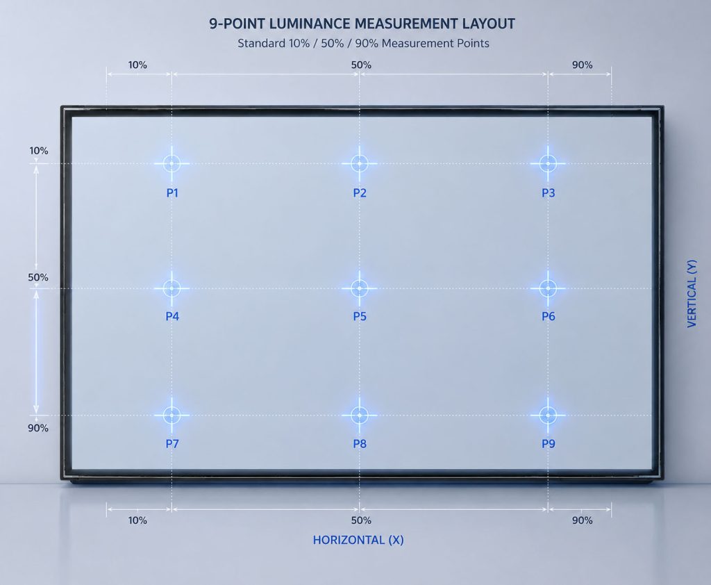 Standard 9-point measurement layout for LCD brightness uniformity testing