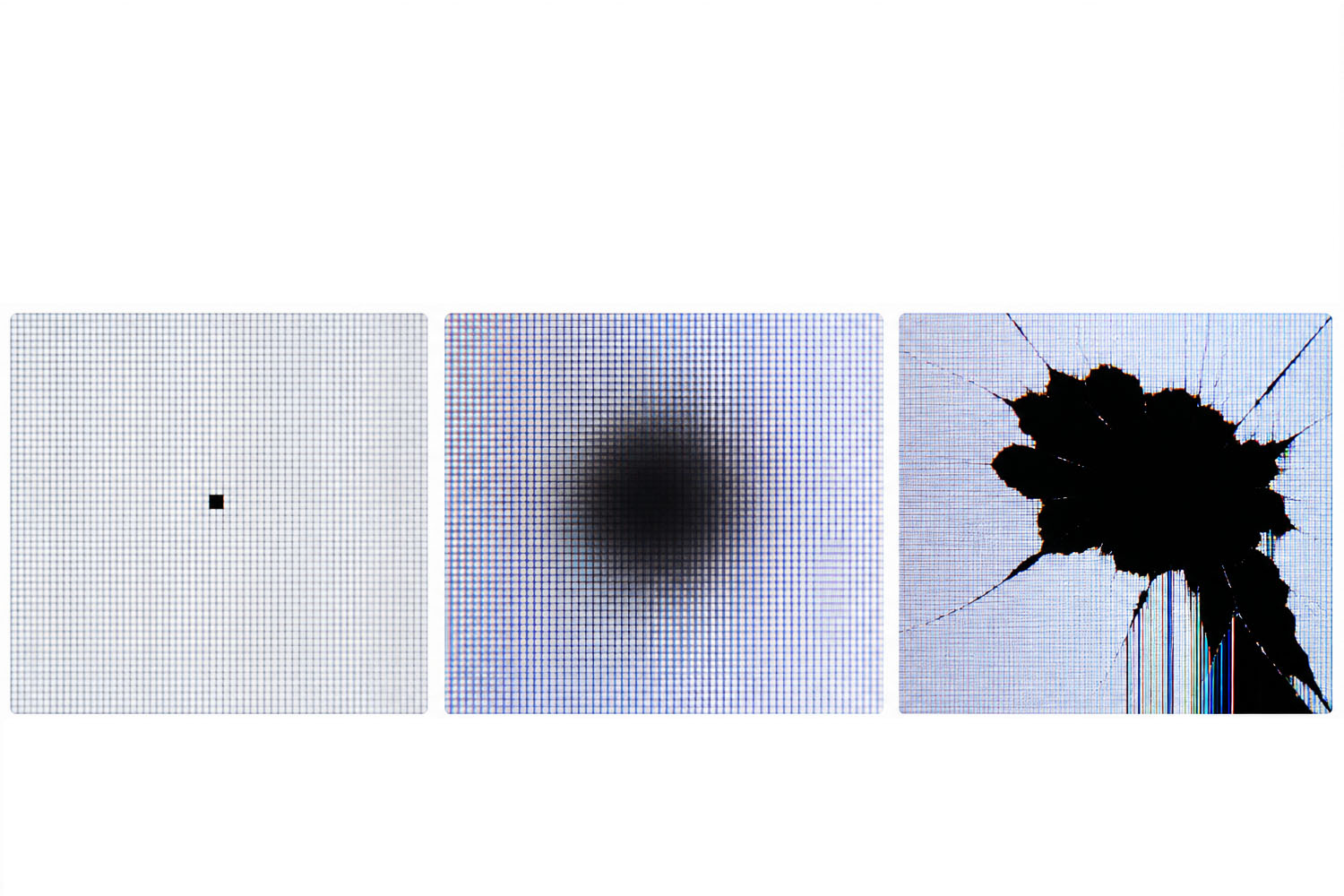 Black spot defects on LCD screen microscopic comparison of dead pixel, LCD bruise and cracked panel