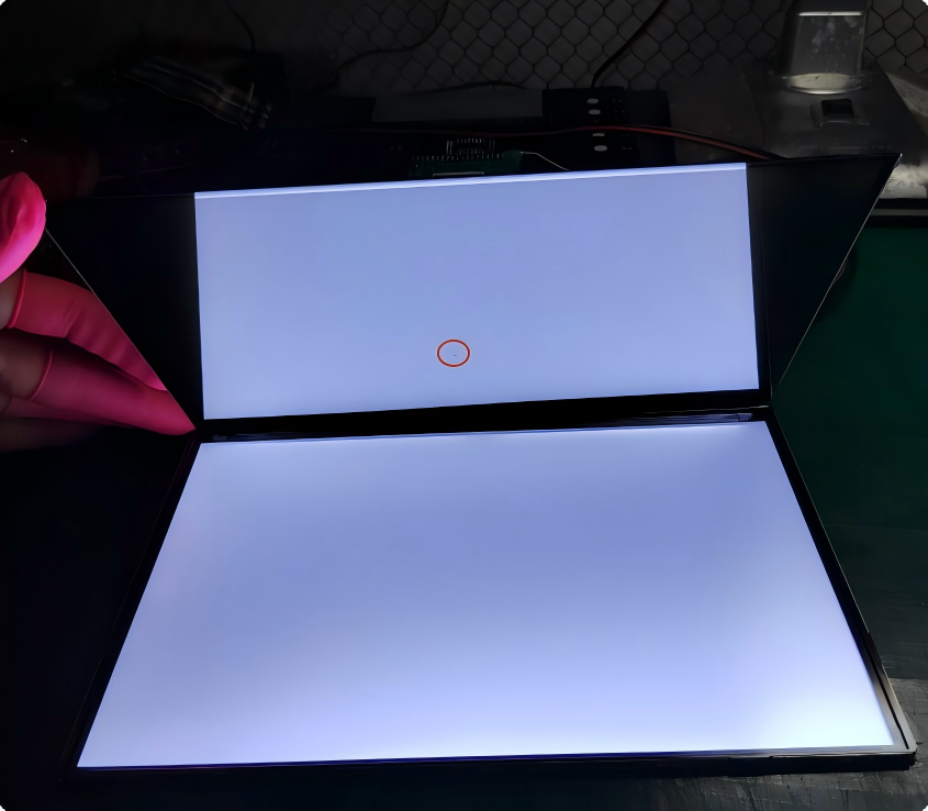 Black spots defects on industrial TFT LCD display, panel contamination inspection CDTech factory.