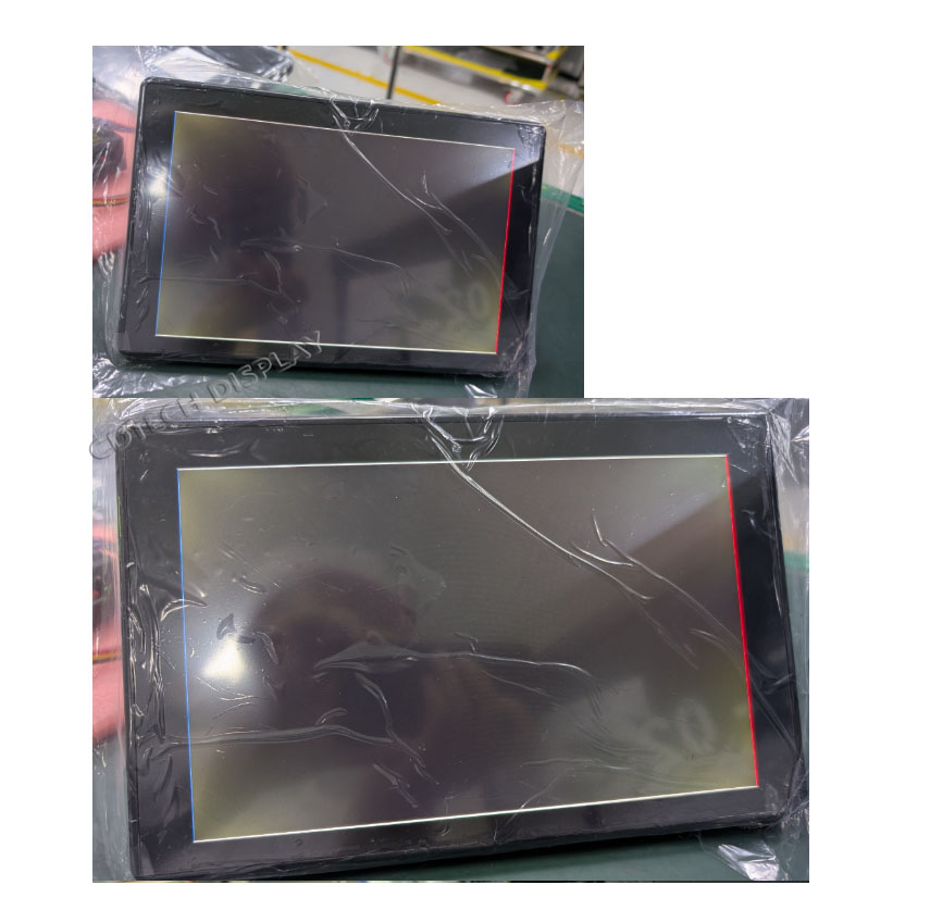 Automotive LCD display undergoing factory testing for yellowing and color shift inspection