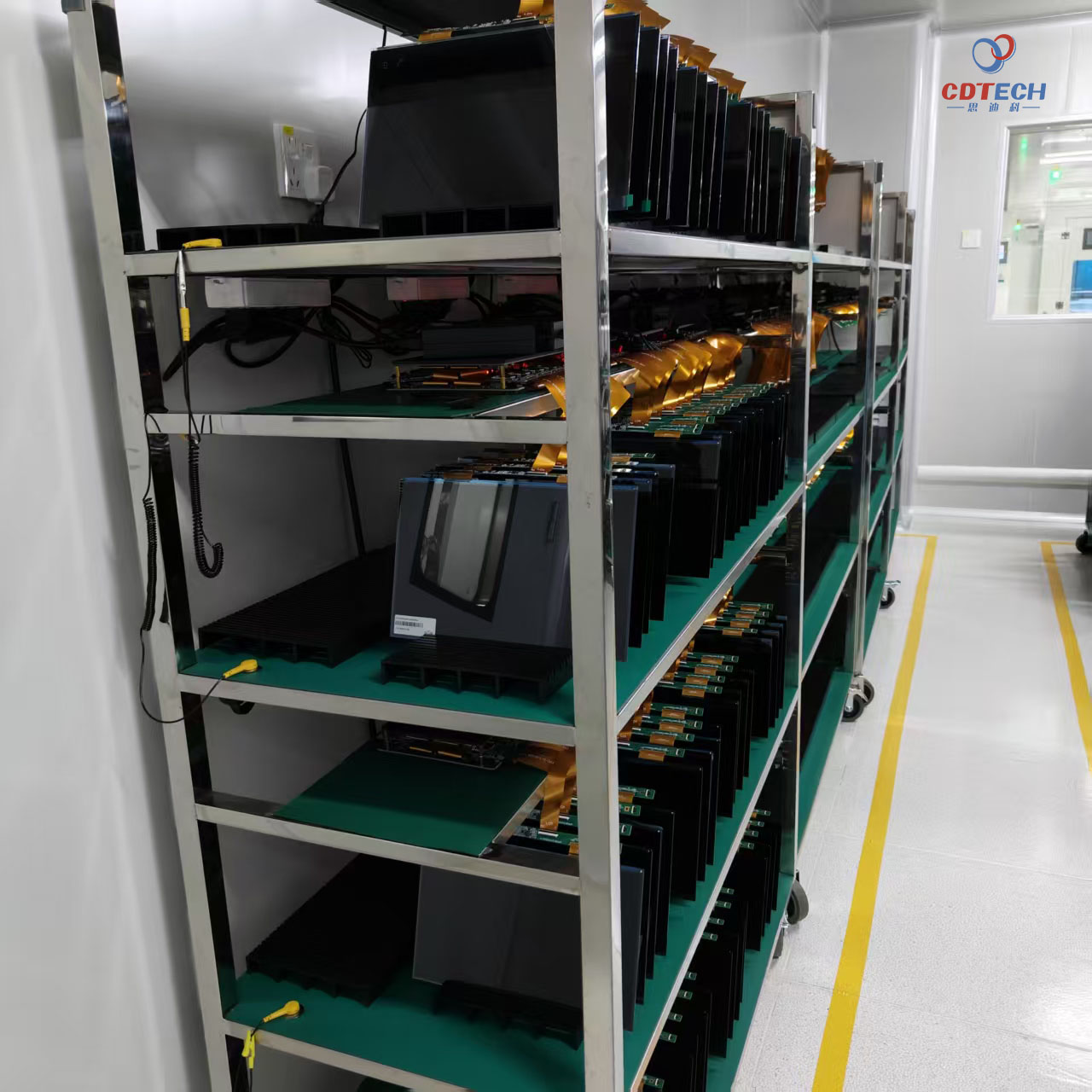 Industrial LCD panels undergoing reliability aging tests in CDTech testing laboratory