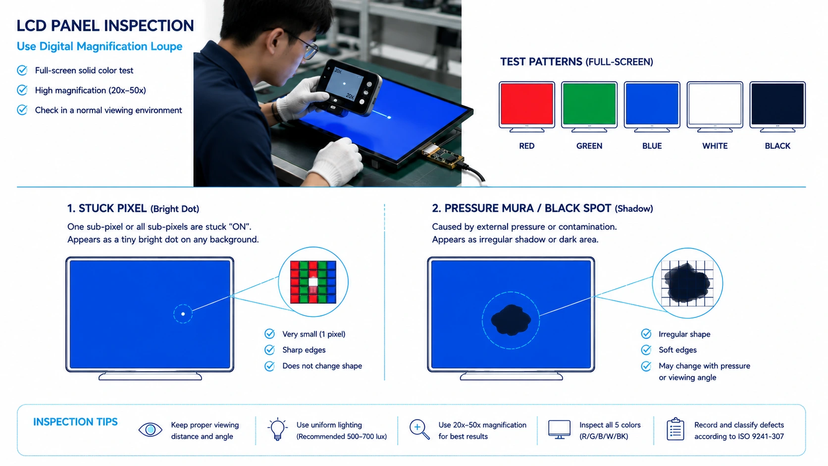 Engineer inspecting TFT LCD display for pixel and black spot defects