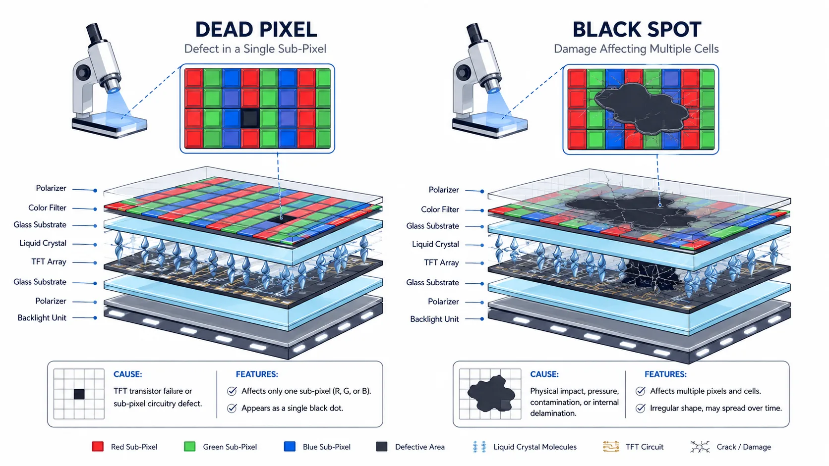 LCD dead pixel and black spot defect comparison diagram