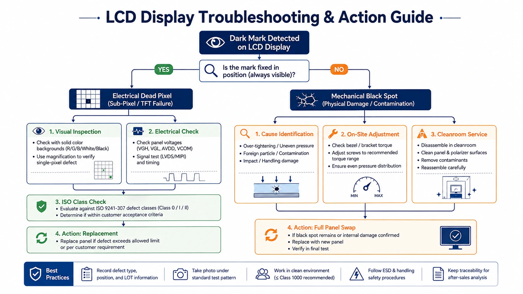 LCD display troubleshooting guide for dead pixels and black spots