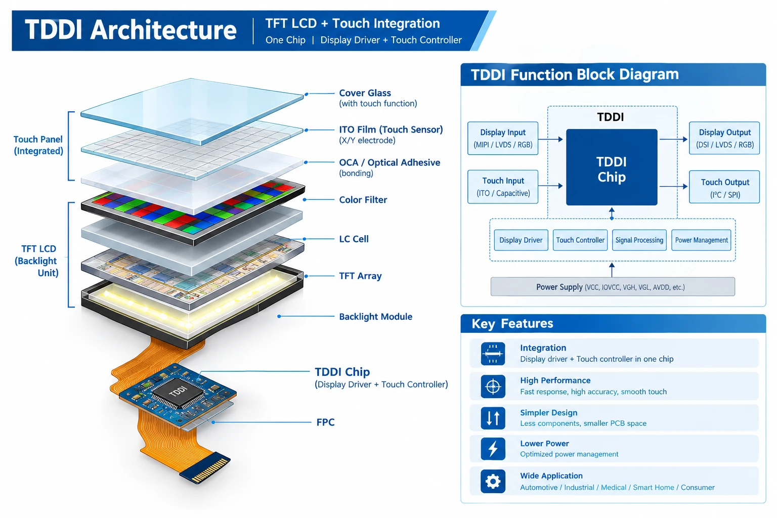 TDDI Architecture TFT LCD touch integrated chip and display cross-section diagram