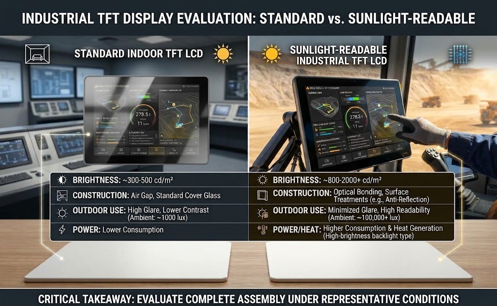 Comparison graphic of standard indoor TFT LCD versus high-brightness backlit sunlight-readable industrial TFT LCD, comparing brightness, air-gap and optical bonding construction, outdoor glare, power and thermal performance for rugged HMI